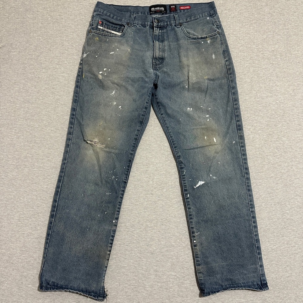 Ecko Unltd Relaxed Fit Jeans Paint Splatter Distressed Y2K‎ Skater Blue Mens 36